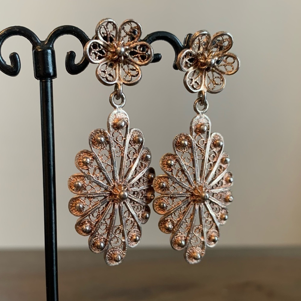 Sterling Silver Earrings Stamped 925 ROM Vintage Delicate Design Feminine Floral